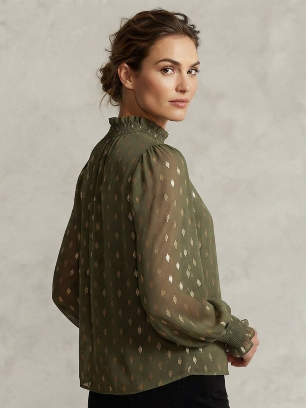 Endless Rose Olive Metallic Gold Polka Dot Chiffon Blouse Mock Neck L